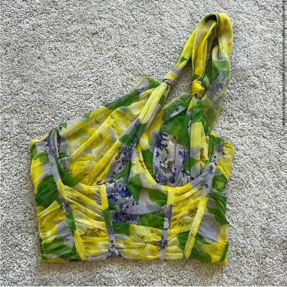 Zara Mesh Crop Floral Knot-Shoulder Corset Top in Yellow & Green top - Picture 3 of 3